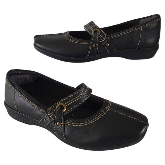 Clarks WMS SZ 7M Mary Janes Flats Black Leather Soft Cushion Shoes Comfort - Picture 1 of 10